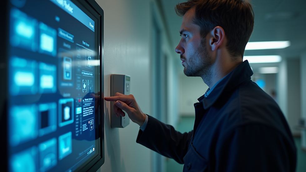 Close-up view of a technician testing a security alarm panel