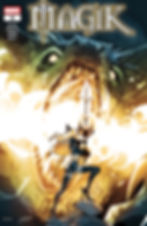 A woman dressed in black bearing a shining sword faces a fire-breathing dragon. Text reads "Magik"