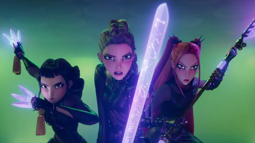 Zoey, Rumi and Mira holding illuminated weapons in KPop Demon Hunters
