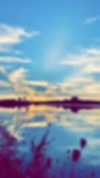 Calm lake reflecting a vibrant sunset with blue and orange hues. Silhouetted plants in the foreground, tranquil and serene mood.