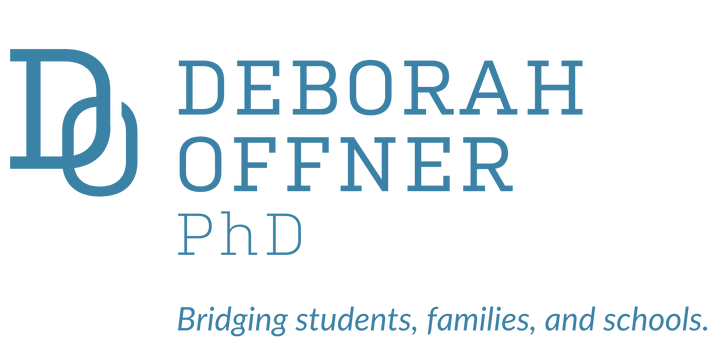Logo on black background with stylized, interlocking "DO" initials. Text reads "DEBORAH OFFNER, PhD" and tagline "Bridging students, families, and schools.