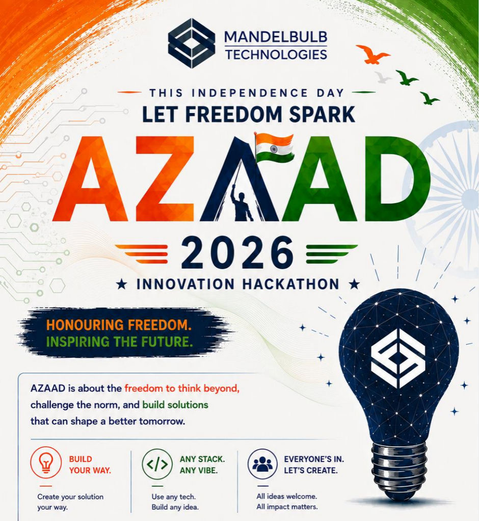 The AZAAD 2026 hackathon poster. Tricolor brush strokes run across the top corners around the Mandelbulb Technologies wordmark, above the lines This Independence Day and Let Freedom Spark. A large AZAAD lockup follows, its letters in saffron, navy and green, with a silhouetted figure holding an Indian flag standing inside one of them. Beneath it, 2026 and Innovation Hackathon, then a dark badge reading Honouring freedom. Inspiring the future. Lower down, the sentence AZAAD is about the freedom to think beyond, challenge the norm, and build solutions that can shape a better tomorrow, and three pillars: Build your way, Any stack. Any vibe., and Everyone’s in. Let’s create. A large dark lightbulb carrying the Mandelbulb mark sits alongside them.