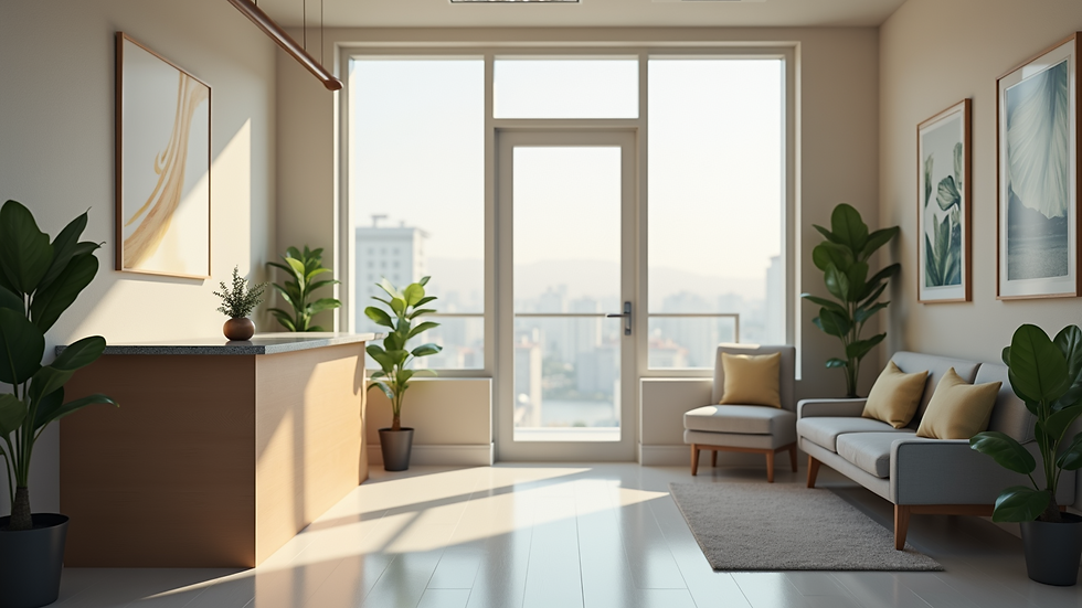 Eye-level view of a dental clinic reception area with welcoming decor