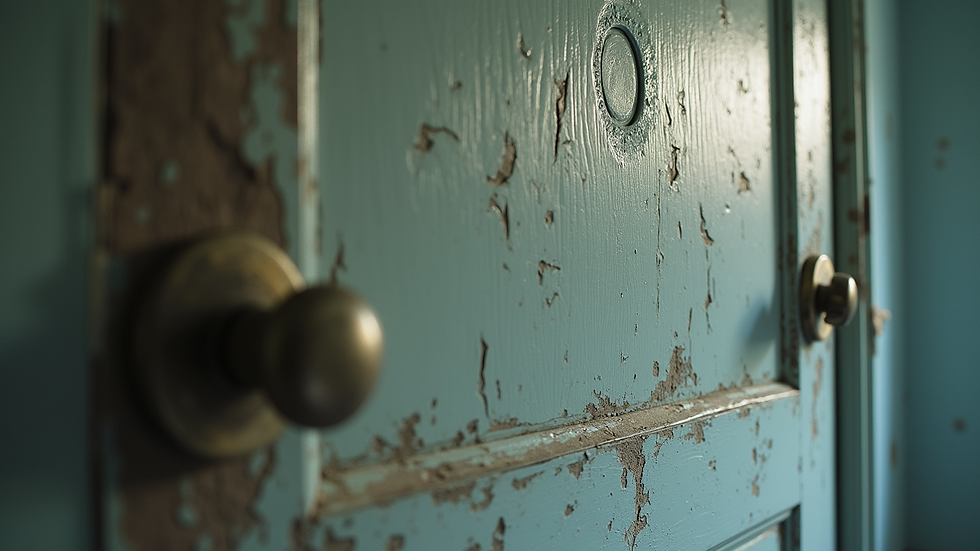 Eye-level view of a door with visible cracks and peeling paint