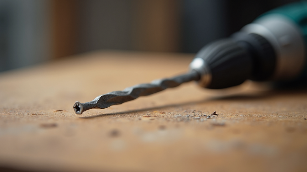Close-up view of a screwdriver and drill on a wooden surface