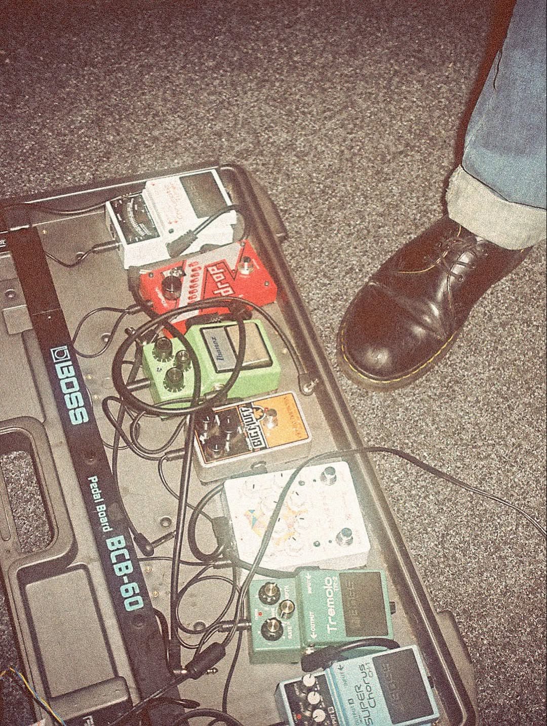 Pedalboard setup at Habitat Studios music rehearsal space