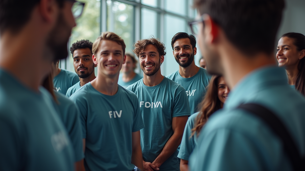 Eye-level view of a group of employees wearing branded t-shirts at a corporate event