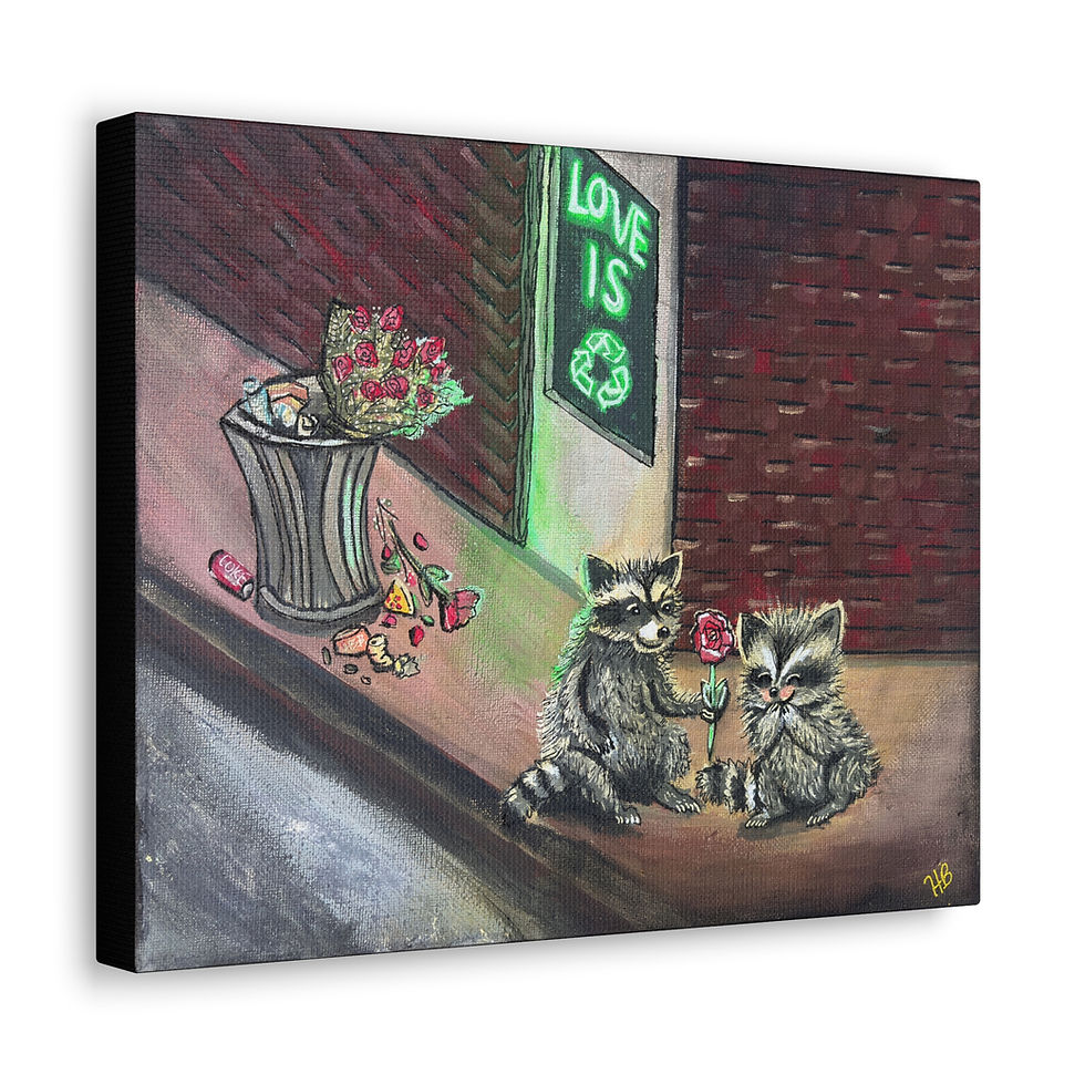 Canvas Gallery Wraps - Cute Raccoon Love Cityscape Wall Art - Love Is Recyclable