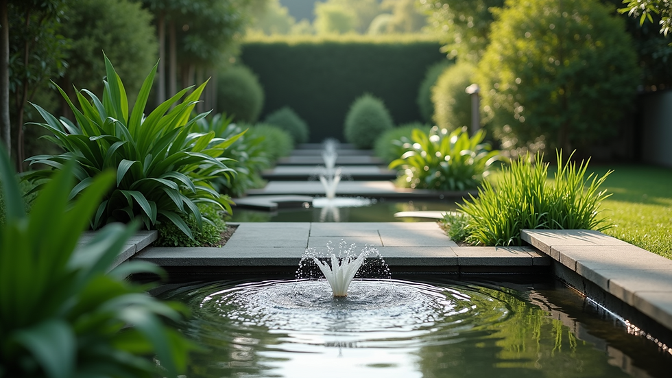 High angle view of a serene garden with green plants and a small water fountain