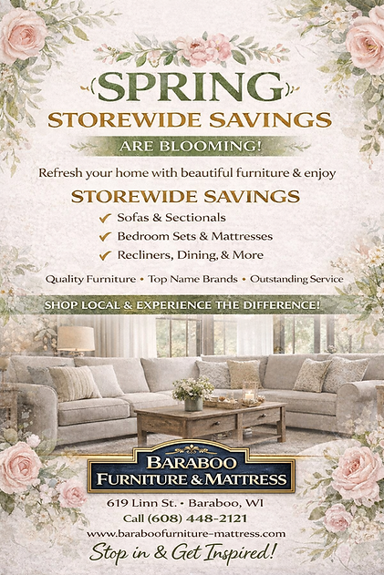 Spring furniture sale at Baraboo Furniture & Mattress featuring storewide savings on sofas, recliners, and mattresses