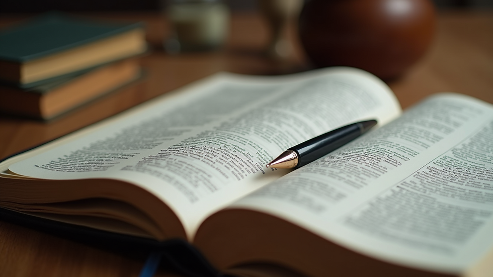 Close-up view of an open Bible with a pen and notebook on a wooden desk