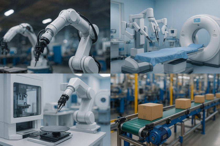 Continuous innovation landscape blending four industries: robotic arms assembling components in a factory, surgical robots and imaging equipment in a medical environment, wafer-handling robots in a semiconductor cleanroom, and conveyor systems with motors and packaging in an industrial automation facility. Each environment transitions smoothly into the next, showing advanced technology across multiple sectors in one unified image.
