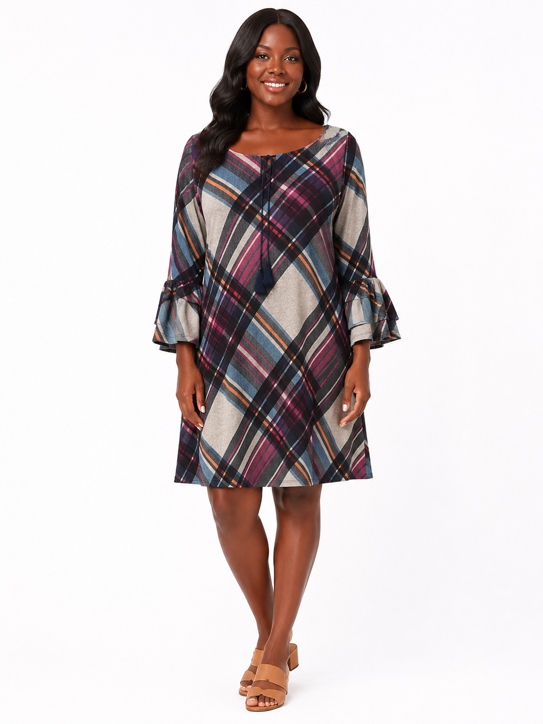 R&K Plaid Bell Sleeve Swing Dress
