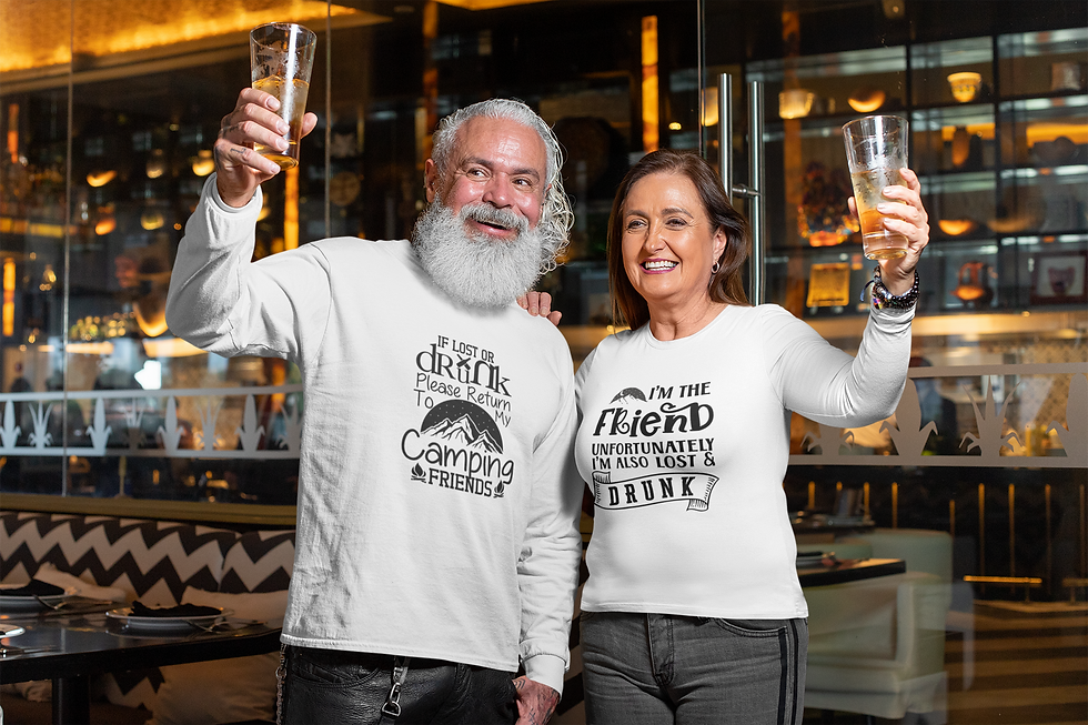 Man and Woman Wearing Long Sleeve T-Shirts With Funny Sayings