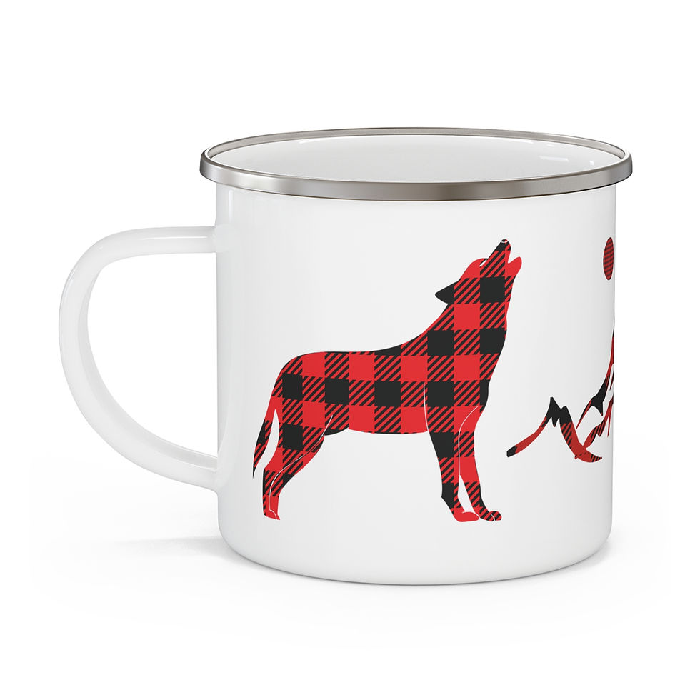 Thumbnail: Enamel Camping Mug-Buffalo Plaid Wolves, Mountains and Full Moon Design