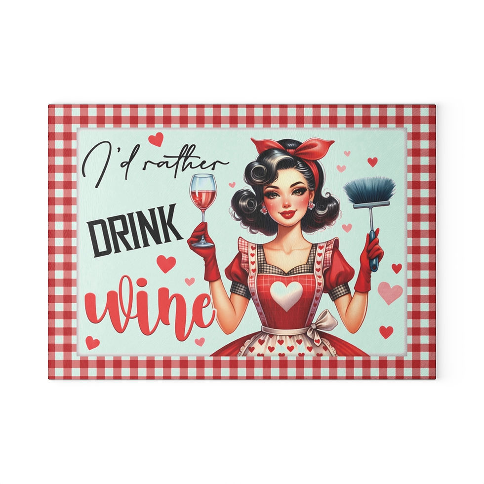 Thumbnail: Glass Cutting Board, Vintage Woman, Wine, Red and White Checks