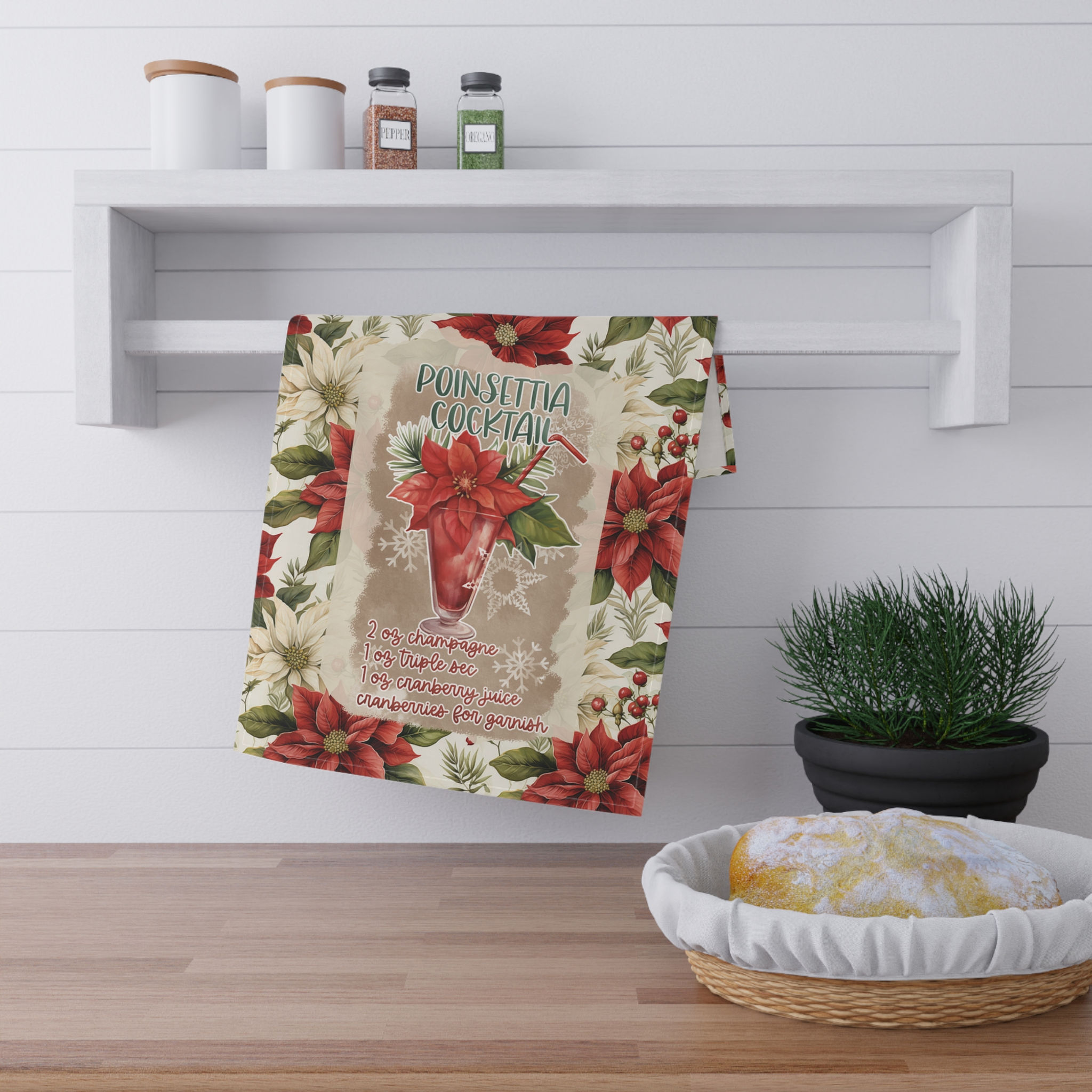 Christmas Tea Towels (cotton, poly), "Poinsettia Cocktail" adult beverage recipe