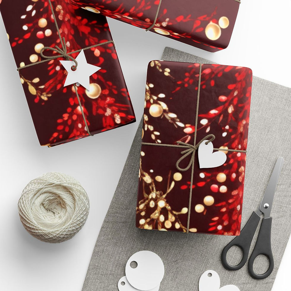 Thumbnail: Christmas Wrapping Paper, Red, Black and Gold, Tinsel and Trees