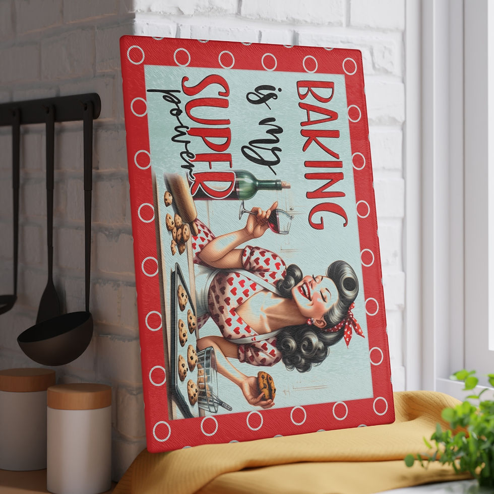 Thumbnail: Glass Cutting Board, Vintage Pin-Up, Wine & Baking, Red Polka Dots & Hearts