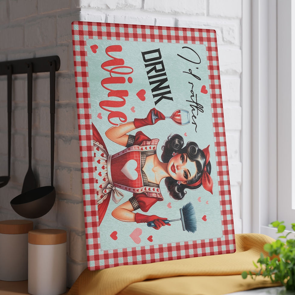 Thumbnail: Glass Cutting Board, Vintage Woman, Wine, Red and White Checks
