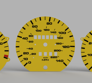 Żółte tarcze prędkościomierza, obrotomierza i wskaźników samochodu na szarym tle.