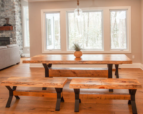 PRF Custom Built Live Edge table with 3 matching benches in a bright dinning room
