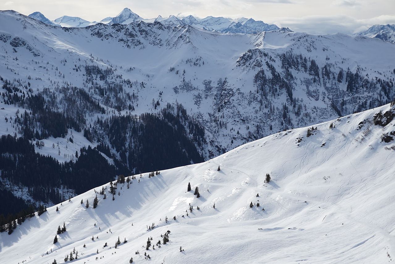 View over the snowy mountain tops in Saalbach Austria