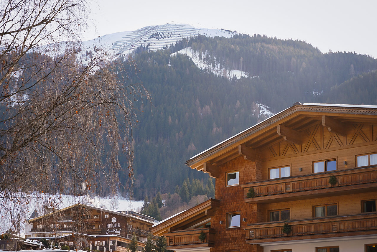 Austrian mountain wooden buildings in Saalbach