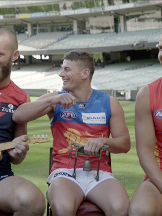 AFL players on set of Captains Quiz. Melbourne, Australia.