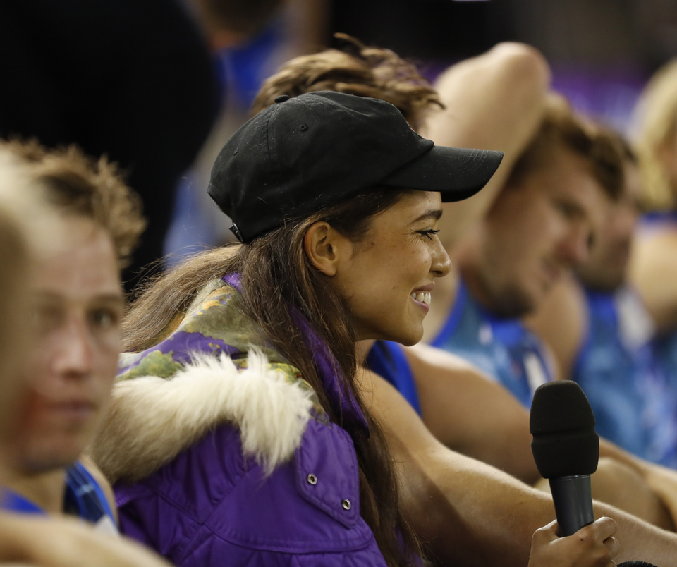 Amberley Lobo professional sports master of ceremonies hosting AFL X Games. Melbourne, Australia.
