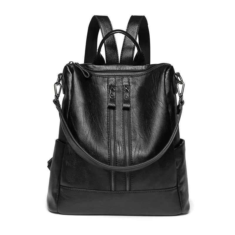 Miniatura: Mochila feminina macia de couro preta, casual, multifuncional, bolsa universitár