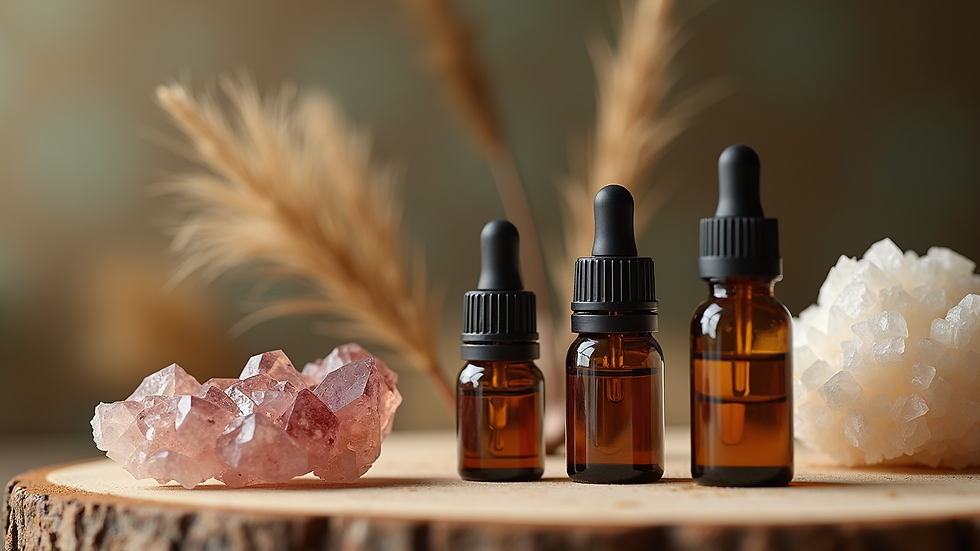 Close-up view of a collection of essential oils and crystals