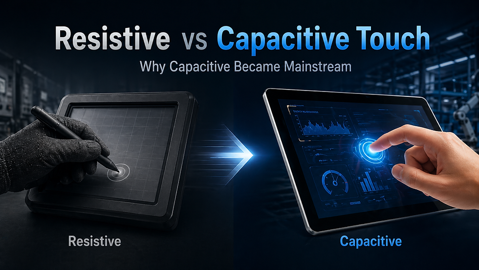 Resistive vs capacitive touch screen technology comparison showing why capacitive touch became mainstream for modern HMI applications