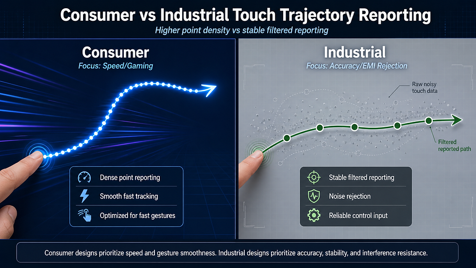 Consumer vs industrial touch screen report rate comparison showing a smartphone touch interface and an industrial HMI control panel