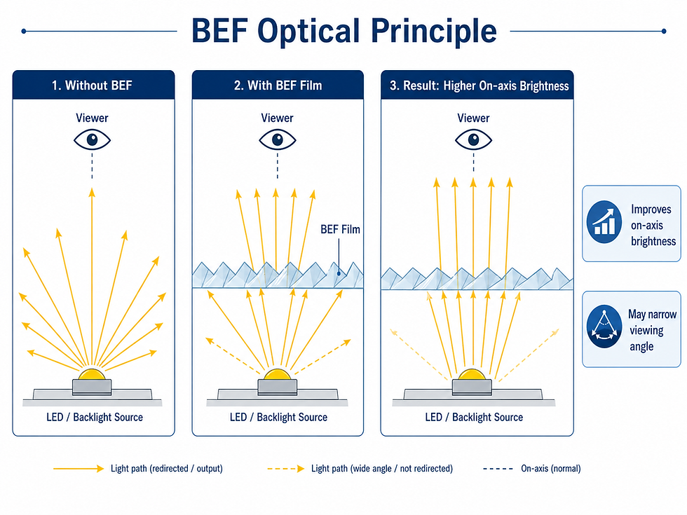 BEF optical principle diagram showing how brightness enhancement film redirects light to improve on-axis LCD brightness