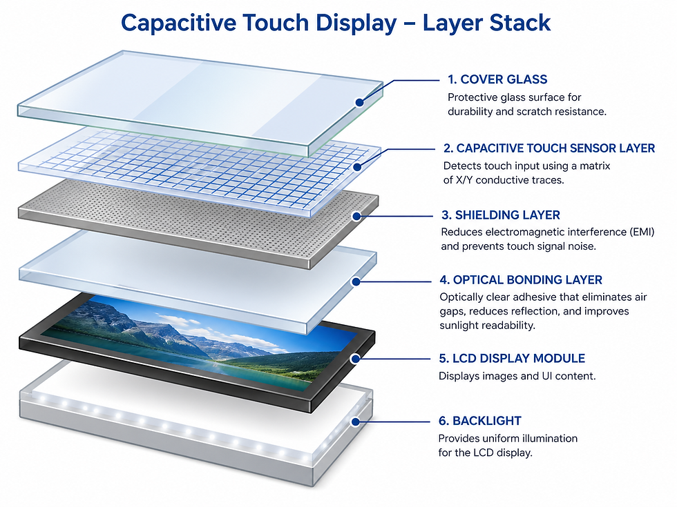 Capacitive touch display layer stack showing cover glass touch sensor shielding layer optical bonding LCD module and backlight
