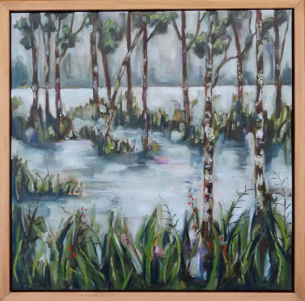 landscape, painting, oil on canvas, forest, New Zealand, Kahikatea, swamp