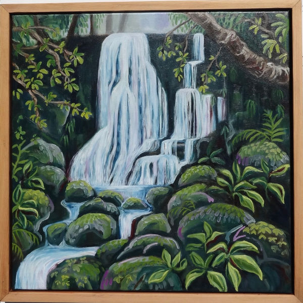 Waterfall, Forest, New Zealand, painting, oil on canvas