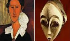 Pintura de amadeo Modigliani (1917) e máscara usada por dançarinos em Gabão, África, século XIX - XX.