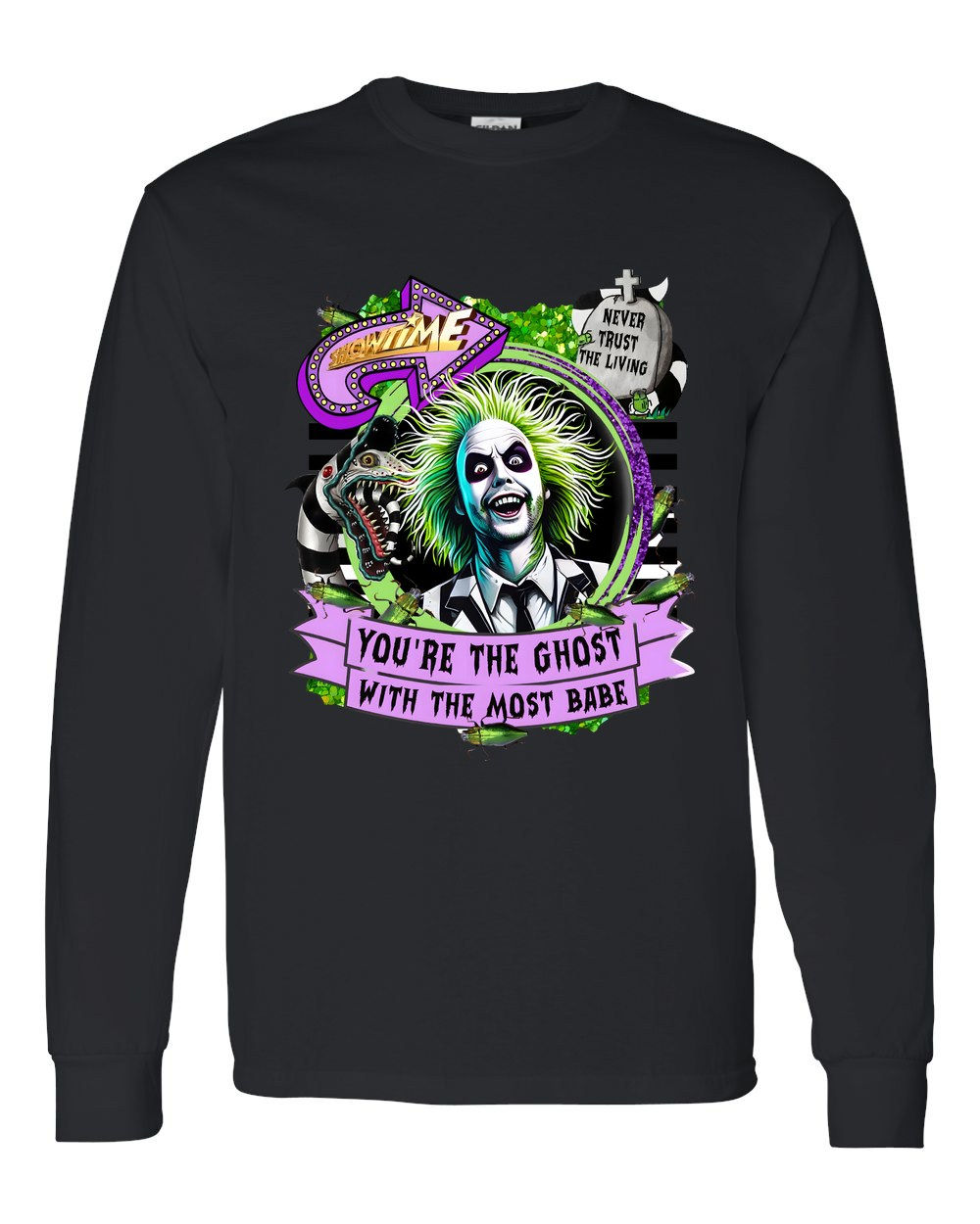 5400 Gildan Long Sleeve T-Shirt Halloween 047 Showtime Ghost with the Most