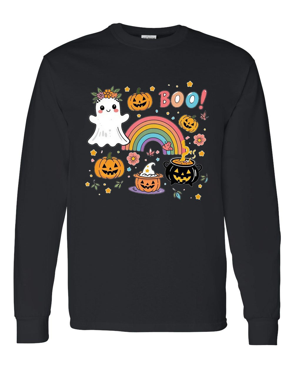 5400 Gildan Long Sleeve T-Shirt Halloween 105 Pastel Rainbow Boo