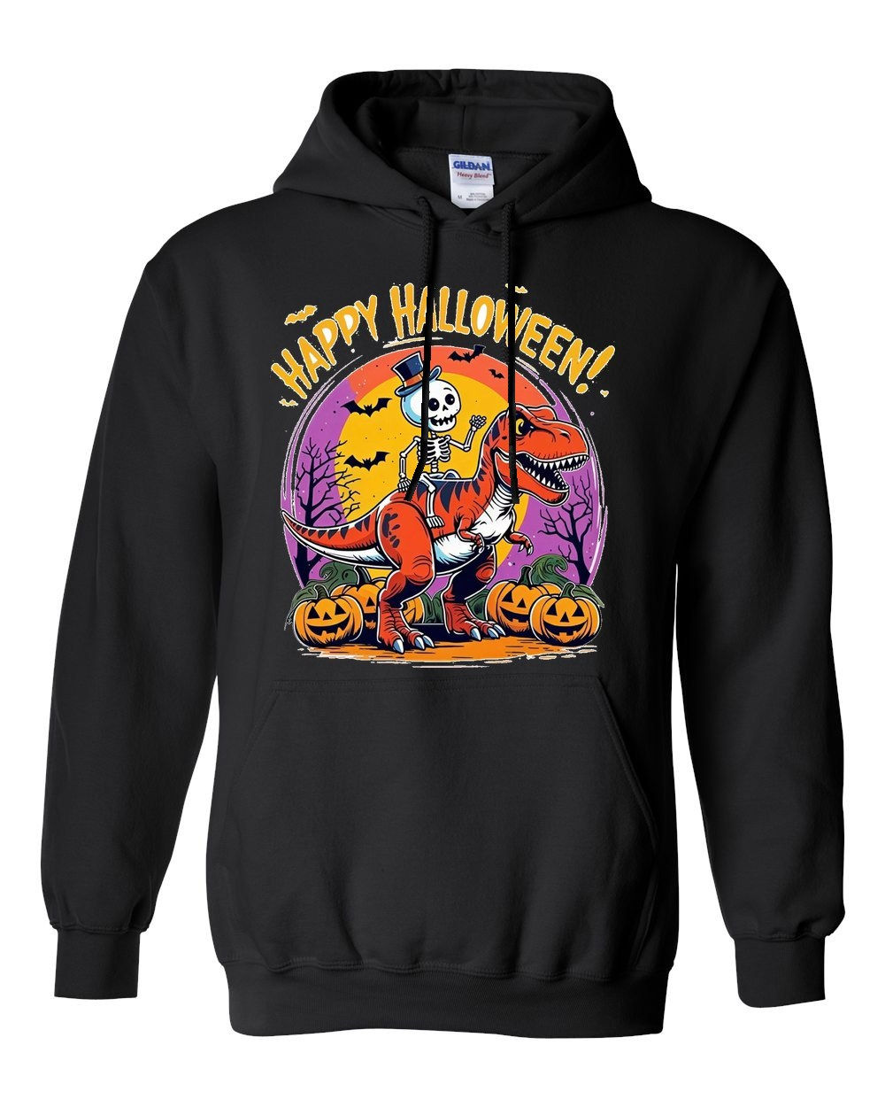 18500 Gildan Hoodie Halloween 106 Happy Halloween Skeleton Dinosaur