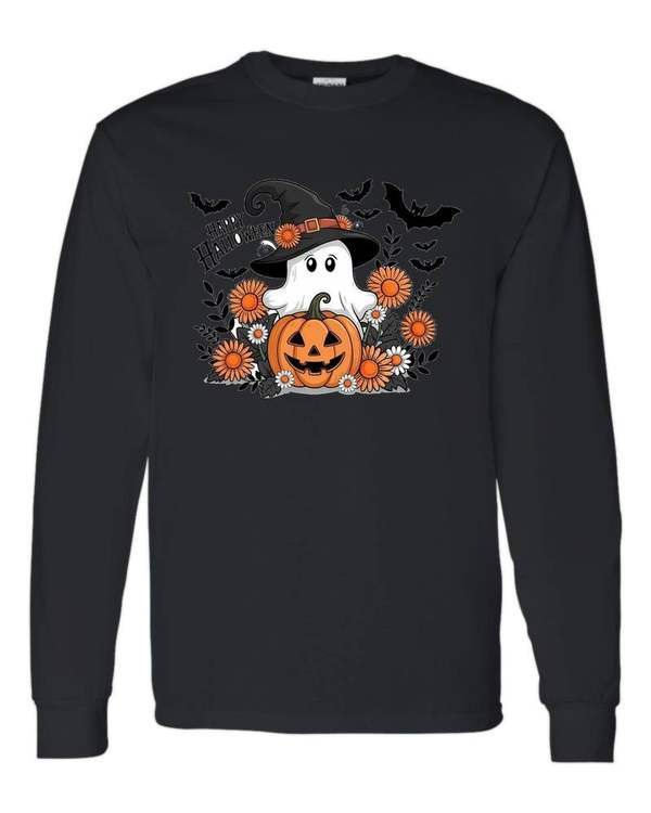 5400 Gildan Long Sleeve T-Shirt Halloween 014 Happy Halloween Pumpkin Ghost
