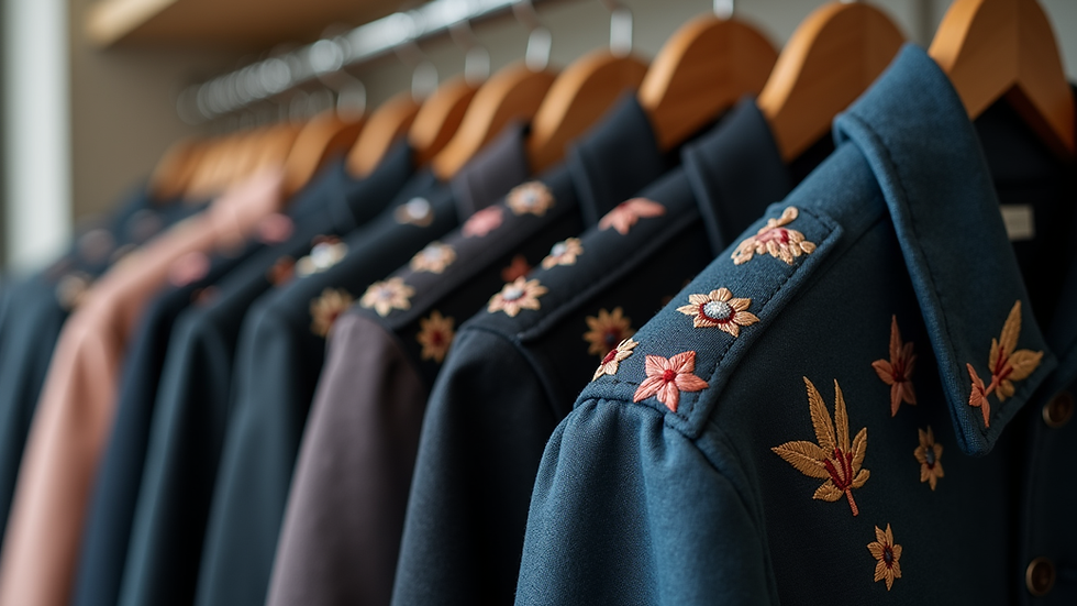 Eye-level view of a clothing rack with various custom embroidered jackets