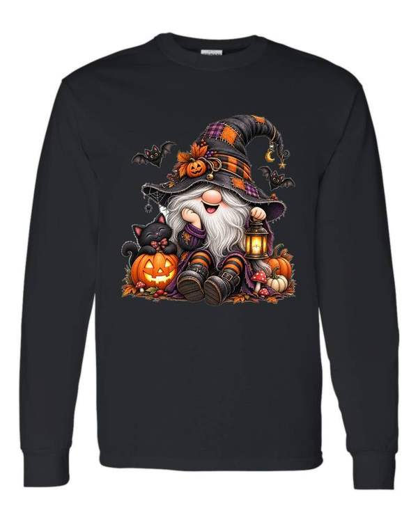 5400 Gildan Long Sleeve T-Shirt Halloween 020 Gnome & Black Cat