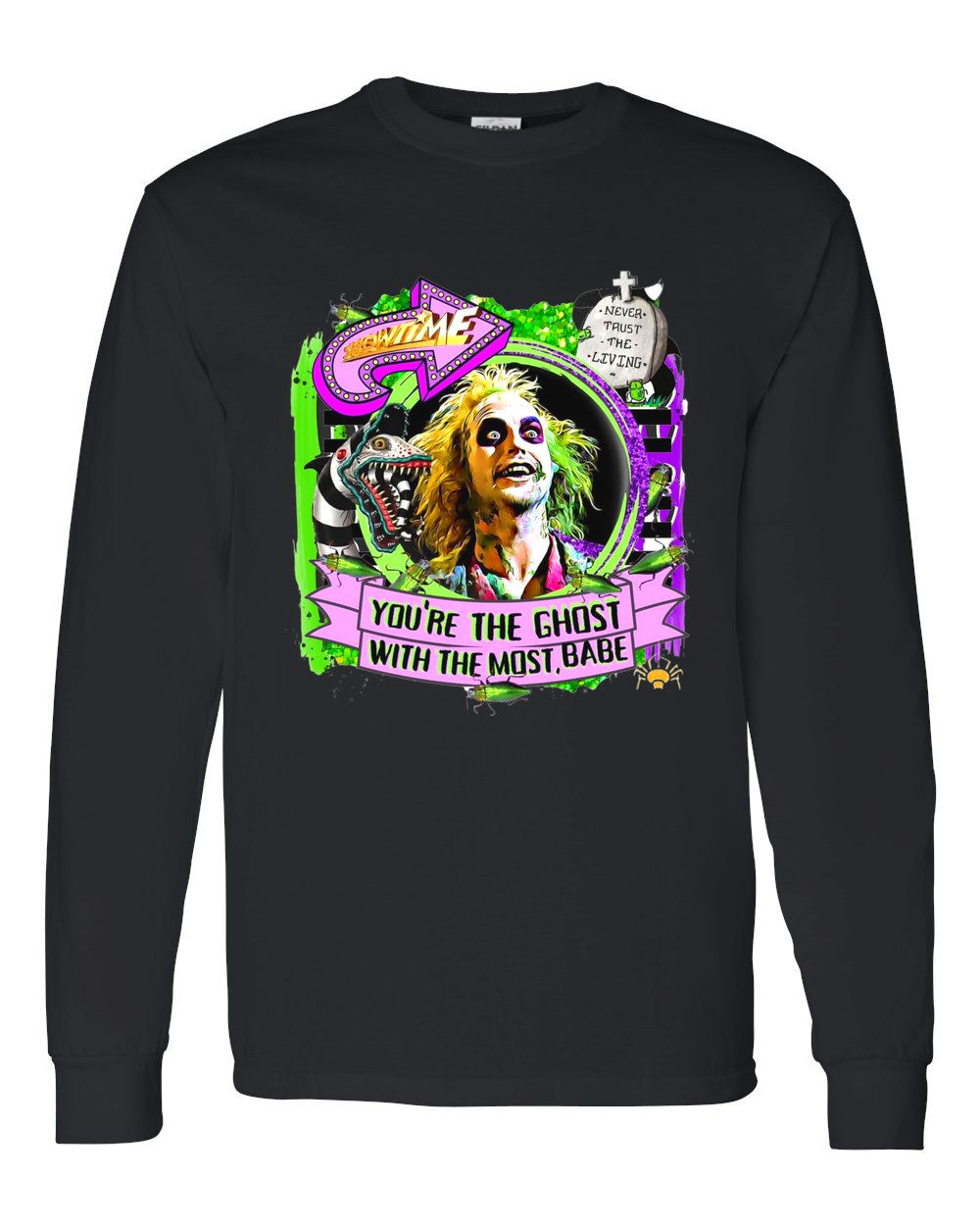 5400 Gildan Long Sleeve T-Shirt Halloween 052 Showtime Neon Ghost with the Most