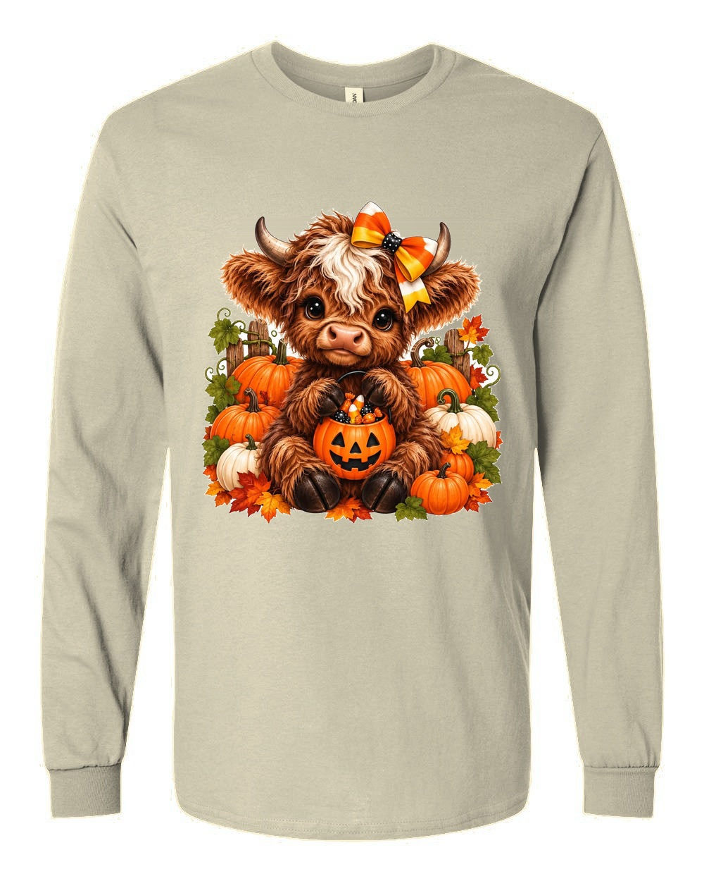 5400 Gildan Long Sleeve T-Shirt Highland Cow 035 – Candy Corn Bow
