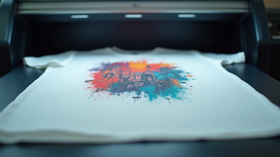 Eye-level view of a heat press machine transferring a colorful design onto a white t-shirt
