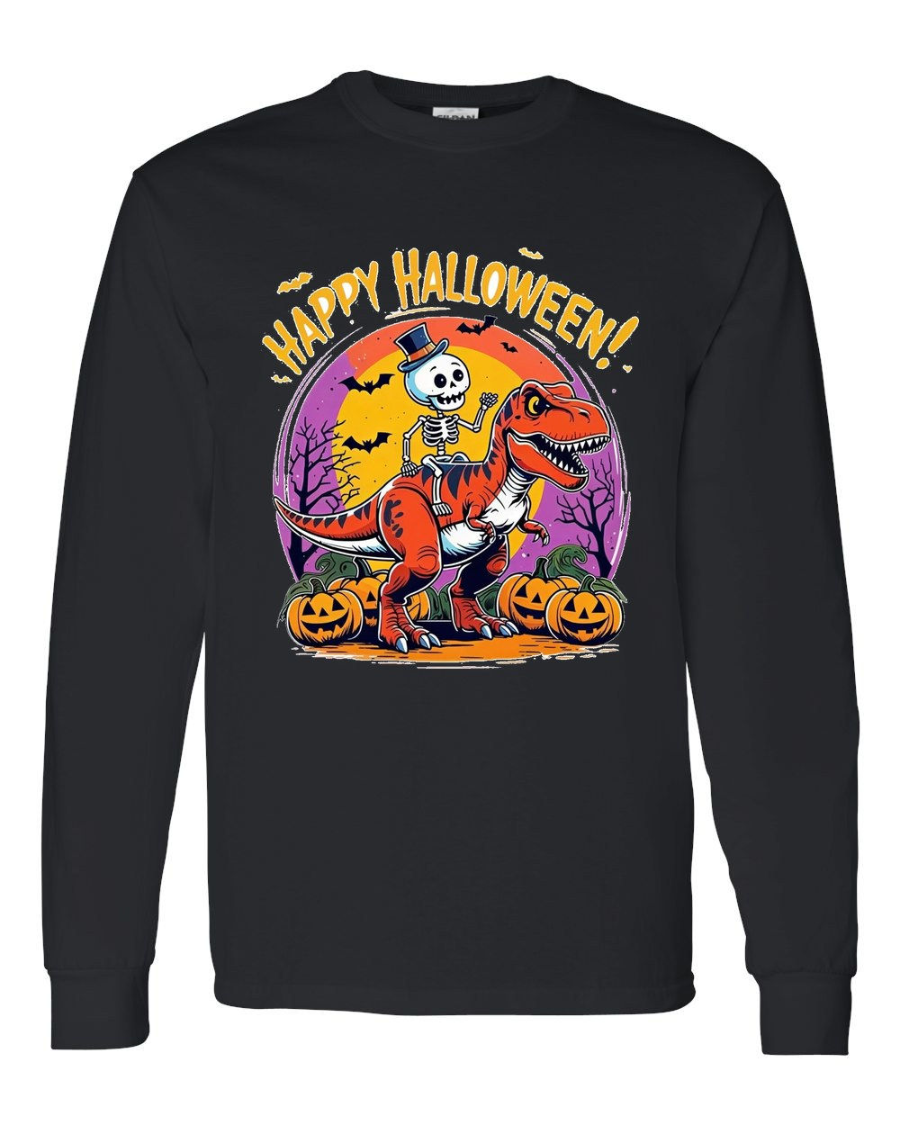 5400 Gildan Long Sleeve T-Shirt Halloween 106 Happy Halloween Skeleton Dinosaur