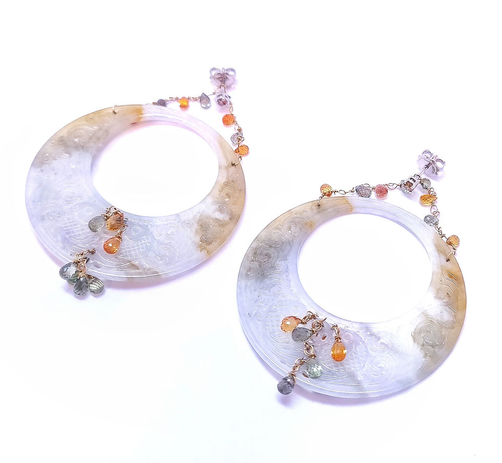 Jade Earrings in 18k White Gold With Multicolor Sapphies and Fancy Diamonds